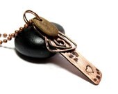 SALE Heart Stamped Jewelry Copper 18" Necklace- Oxidized, Hammered, Wire Wrapped Steampunk Jewellery with Drilled Beach Stone