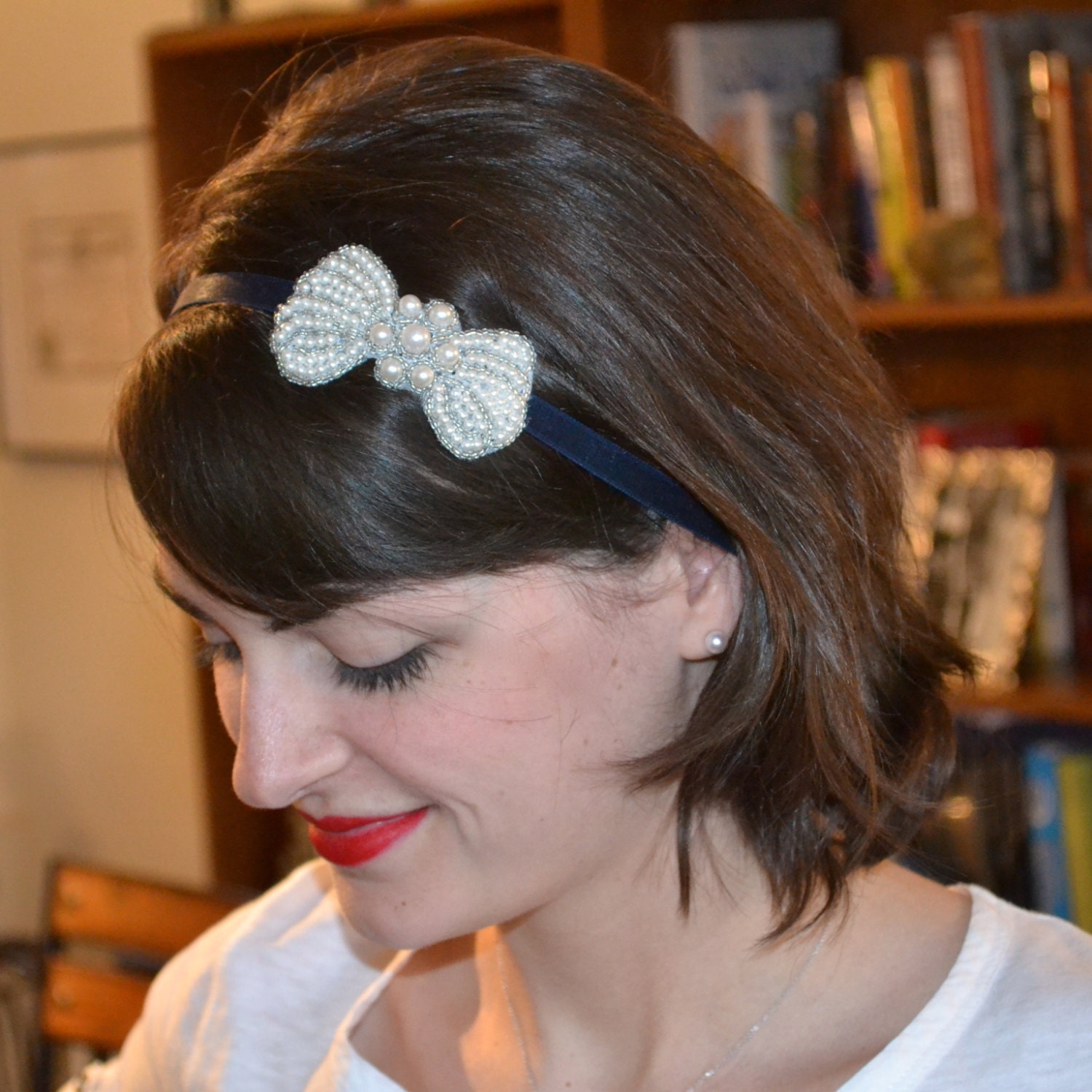Navy Blue and Pearl Silver Beaded Bow Headband for Women and Teens by Jill's Boutique on Etsy