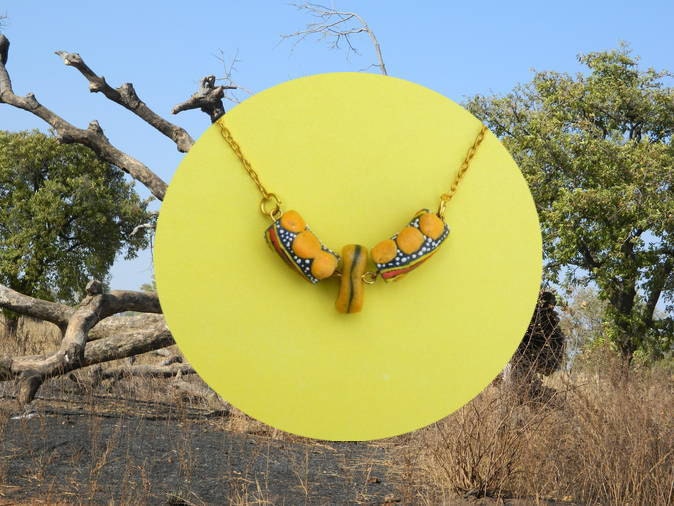 African Bead Necklace, Yellow and Blue Necklace, Gold chain Bead Necklace