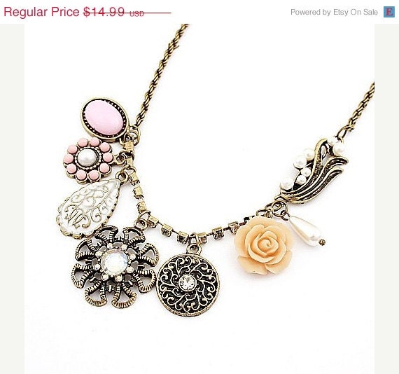 75% OFF CLEARANCE Antiuqe Style Crystal Rhinestone Pearl Flower Charm Necklace