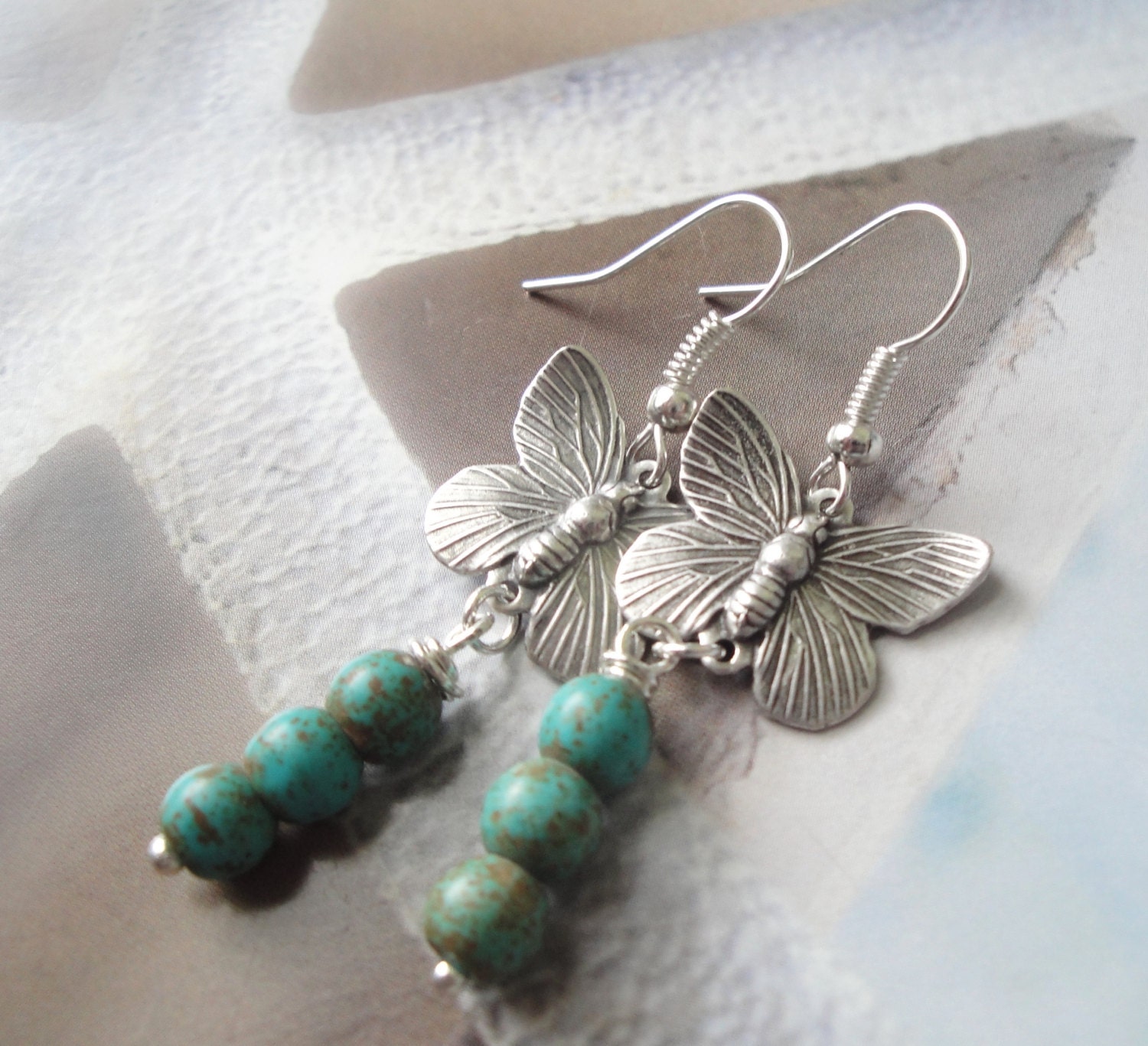 Antique Silver Butterfly Turquoise Howlite Gemstone Silver Earrings
