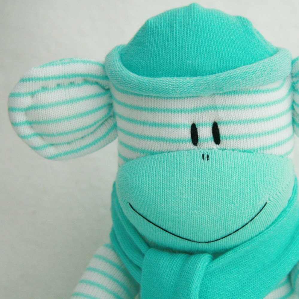 Sock Monkey Doll Green and White Stripes, Stuffed Animal, Kids