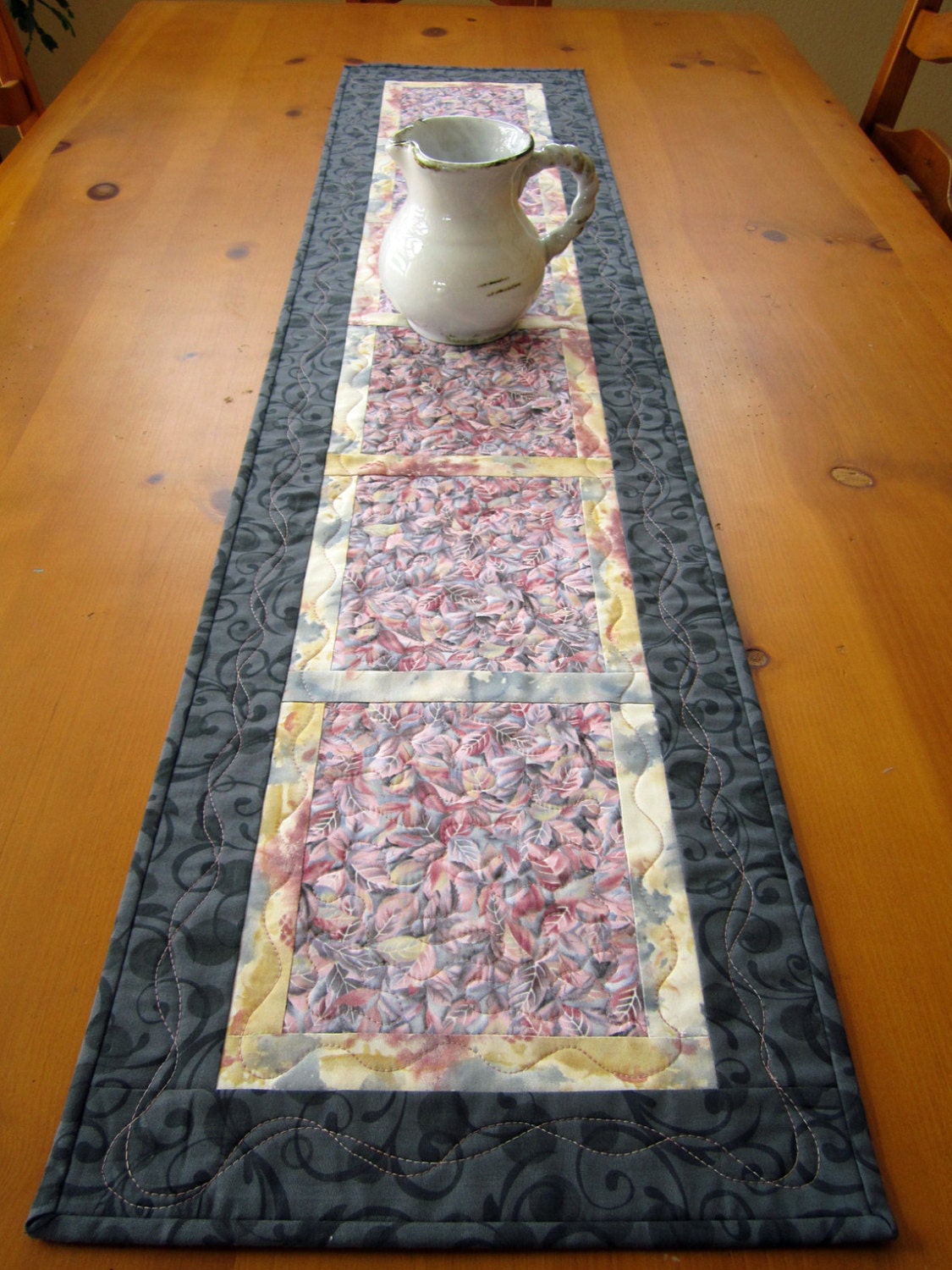 Patchwork Table Runner, Pink Leaves Quilted Table Runner