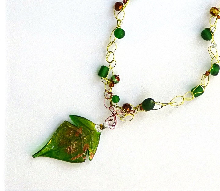 Turning Over A New Green Leaf Artisan Crocheted Wire Statement Necklace