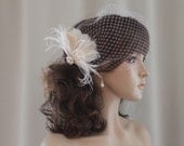 Birdcage Veil with Feather Fascinator-Bridal Birdcage Veil-Bandeau Birdcage Veil & Feather Fascinator-VS102