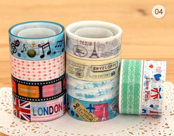 Set of 10 Rolls Kawaii Japanese Diy Deco Tape -  5m per tape (london, music notes, paris tower, green lace, polka dots)
