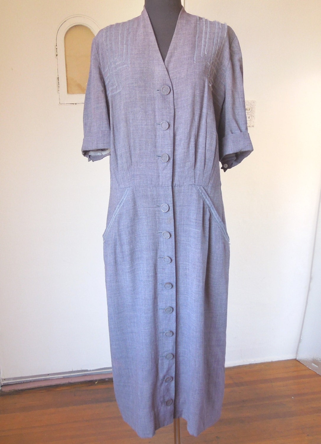 Vintage 40's Day Dress, Flannel Gray, Women's Size Large to XL