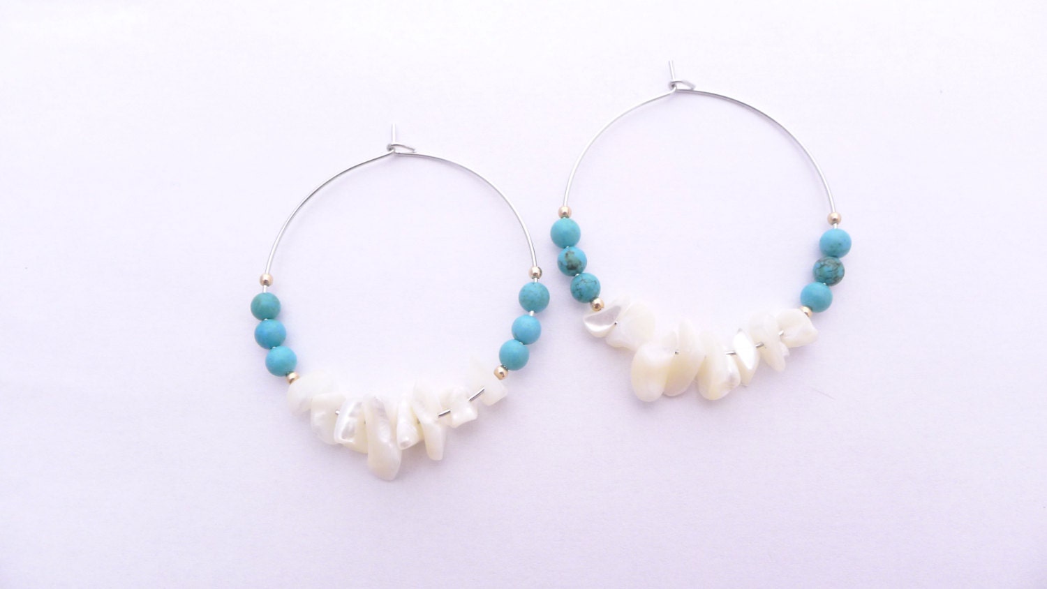 Beach Days Hoop Earrings, Mother of Pearl Shell and Turquoise, Mixed Metal, Handmade Jewelry