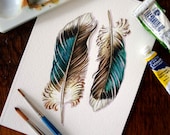 Duck Feathers - Two Mallard Feathers - ORIGINAL watercolor painting