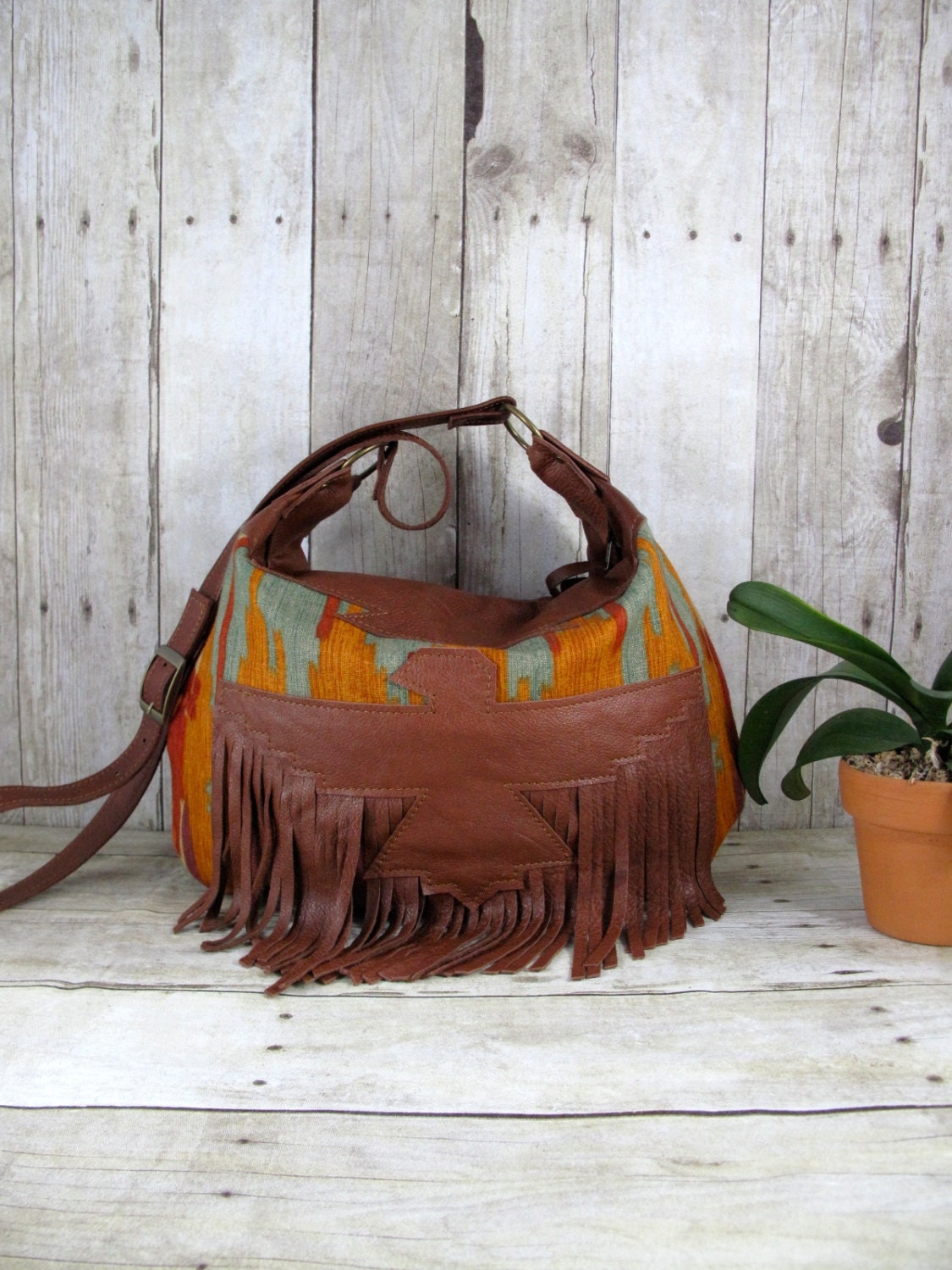Brown Leather Bag, Thunderbird Hobo, Leather Fringe Bag, Navajo Cross Body