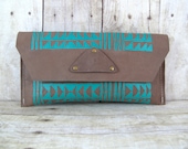 Aztec, Tribal Print Leather Clutch, Rustic Brown and Teal