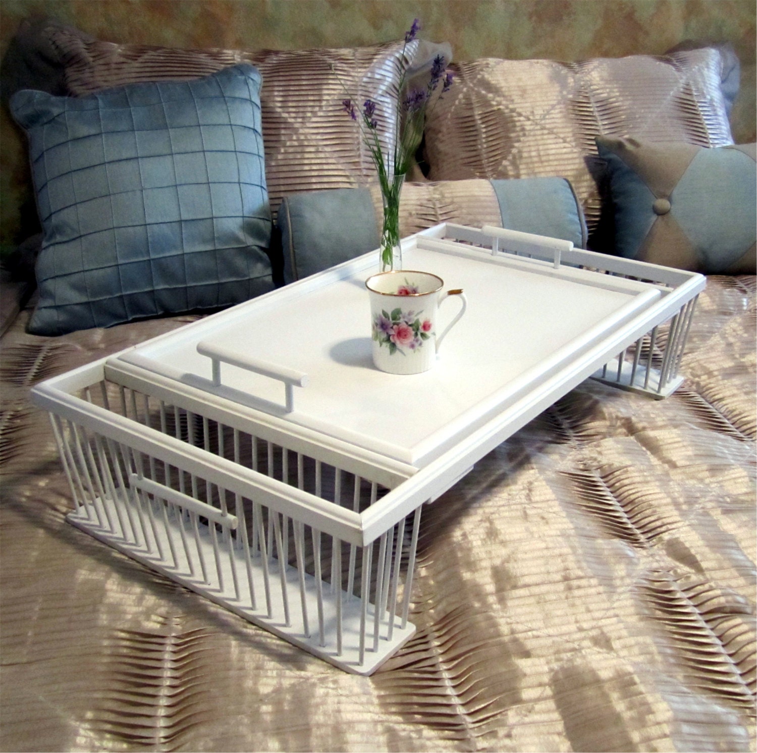 Vintage Wooden Wicker Rattan Large BED TRAY -Shabby Chic-Country Cottage-Beach Cottage-Beach Decor-French Decor