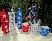 PATRIOTIC 4th of JULY Set of 3 , Red, White, and Blue Painted Cups, with Star's, Patriotic Decoration/Plant Holder Utensil Holder