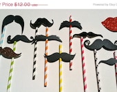 BIG SALE NOW On Sale Set of 12 Paper Straw Mustache or Lips on a stick / straw. Photo prop on a stick