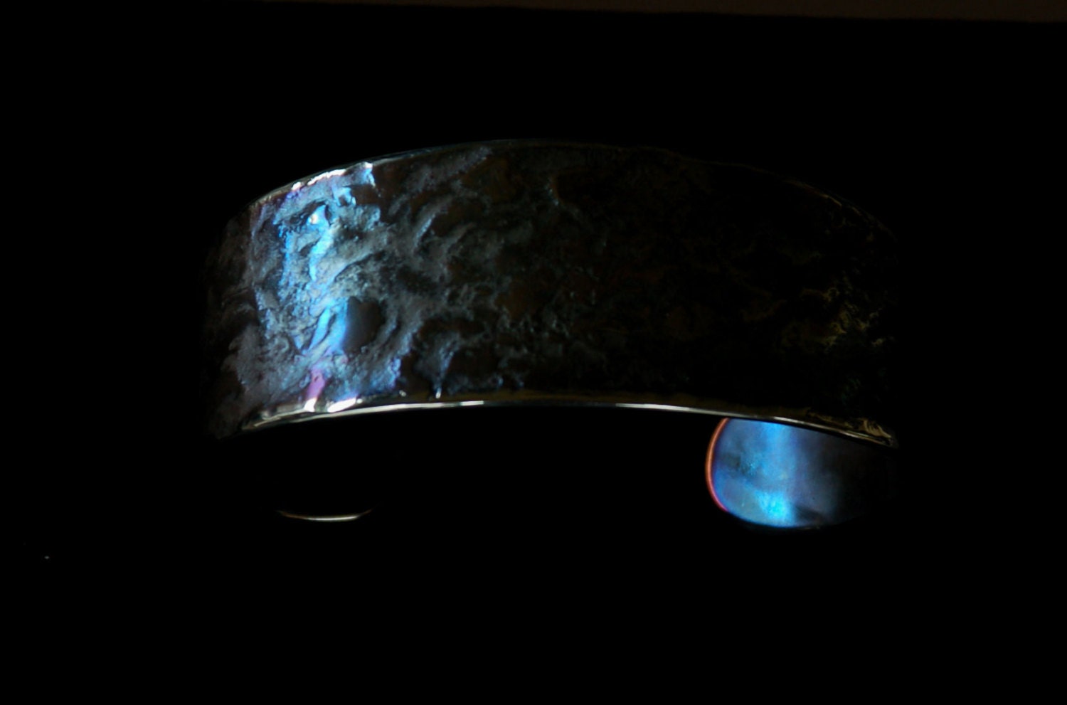 Men's or Women's Handforged Stainless Steel blue brown CUFF Textured on the Artist's Anvil Signed by Robert Aucoin, Metal Artist at Iron Art