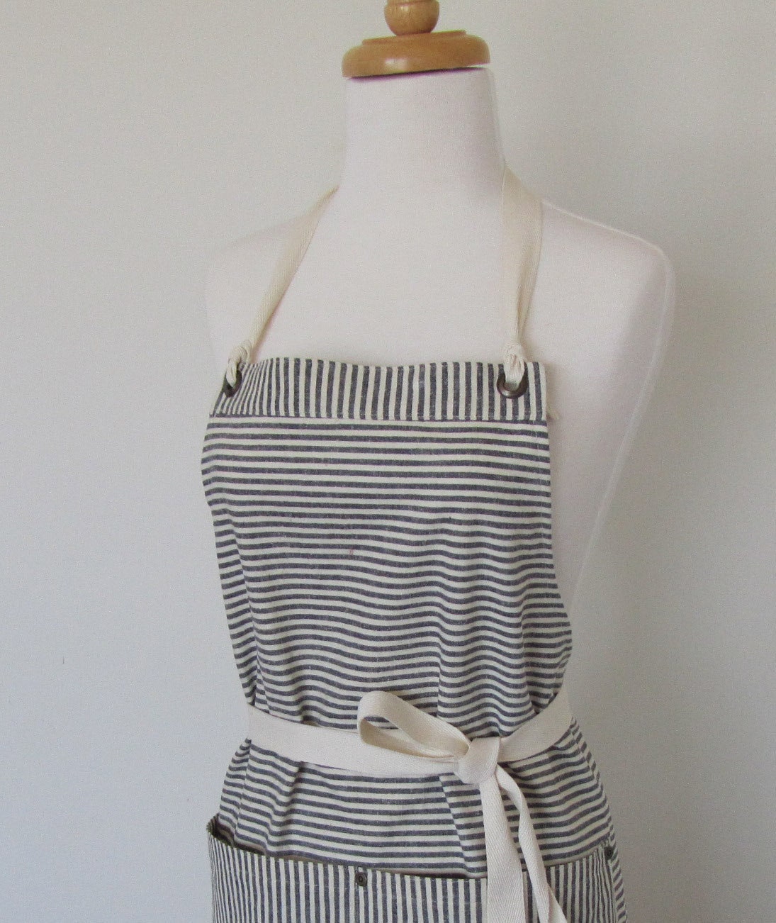 Full Hemp Cotton Indigo White Stripes Apron Twill Tape Grommets Rivets
