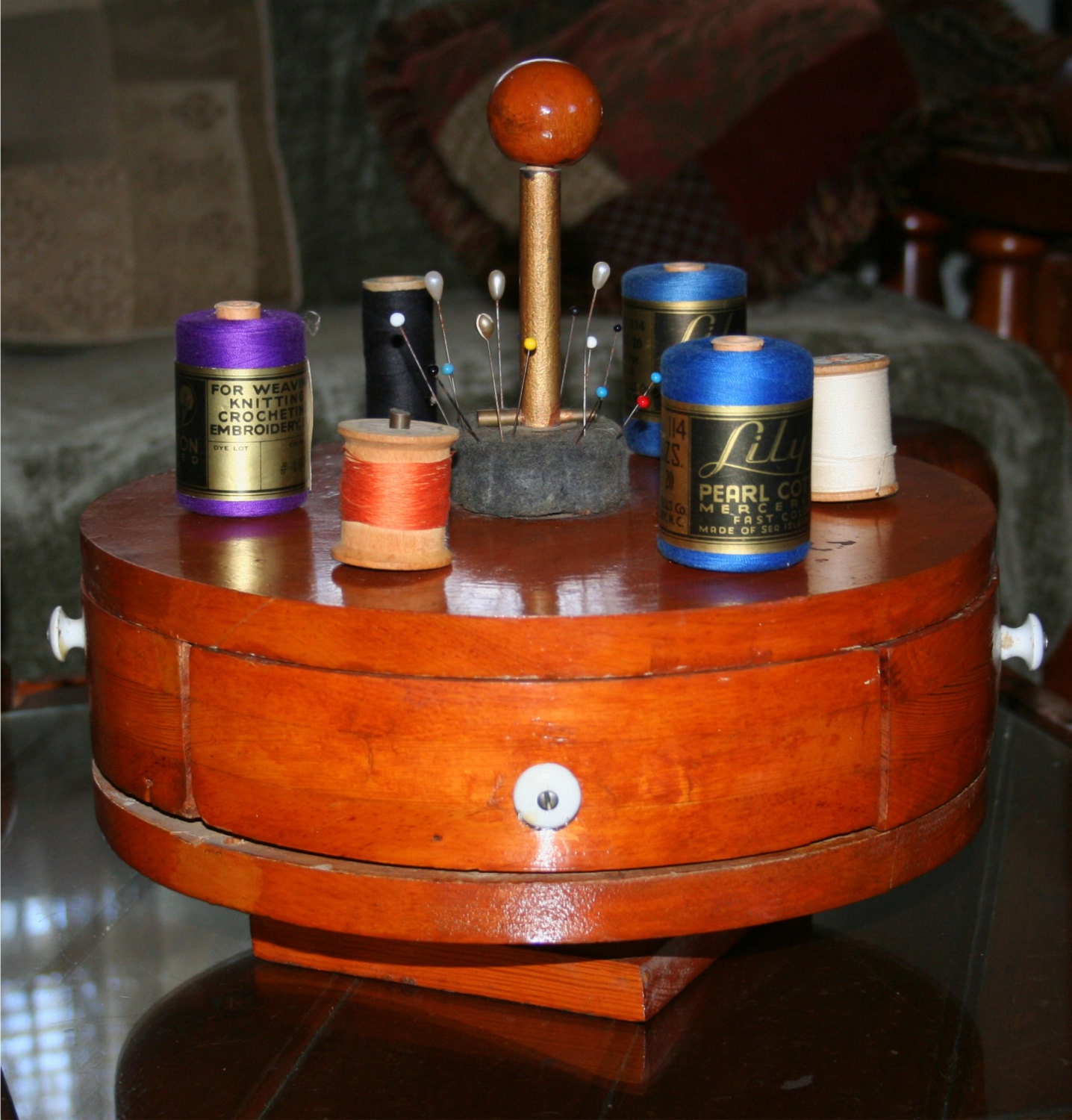 Antique Wooden Lazy Susan Thread Spool 4 drawer Sewing Box Basket Display Cabinet