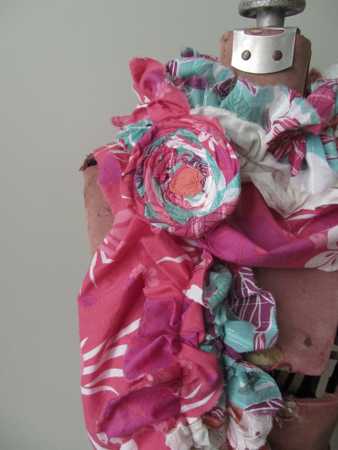 Women Accessories Scarves / Pink and Turquoise Tattered Fabric Ruffle Scrap Scarf with Matching Flower Brooch / Upcycled Clothing