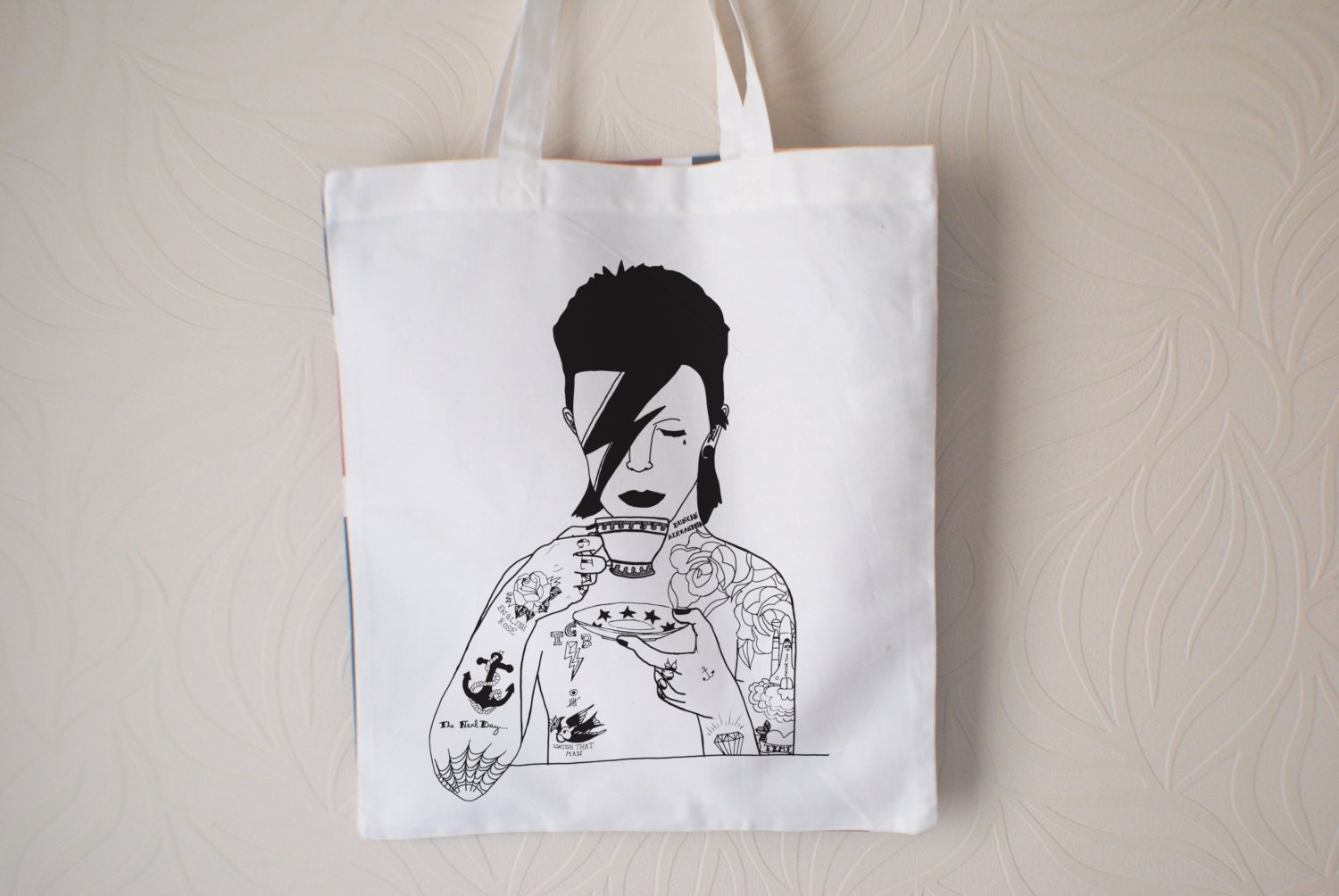 David Bowie union jack  tote bag hand printed -SOLD OUT
