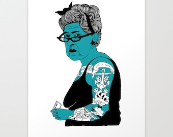 Illustrated Tattoo Lady Digital print, wall art A4 210mm x 297mm