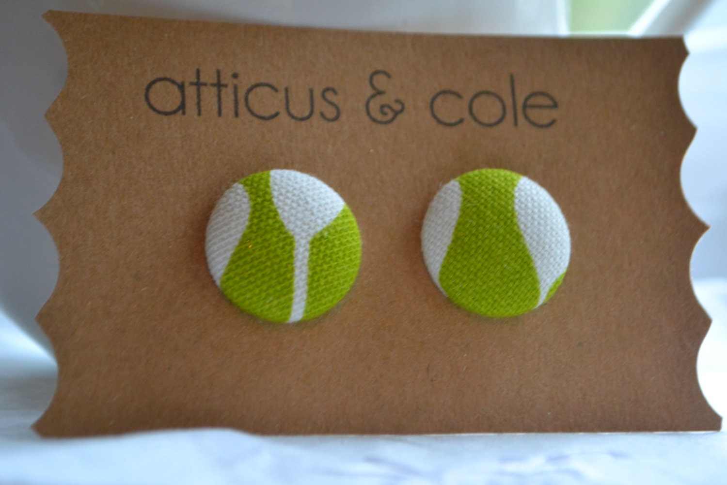 Large Fabric Cover Button Earrings Green & White Studs