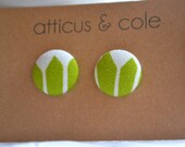 Large Fabric Button Earrings Green & White Studs