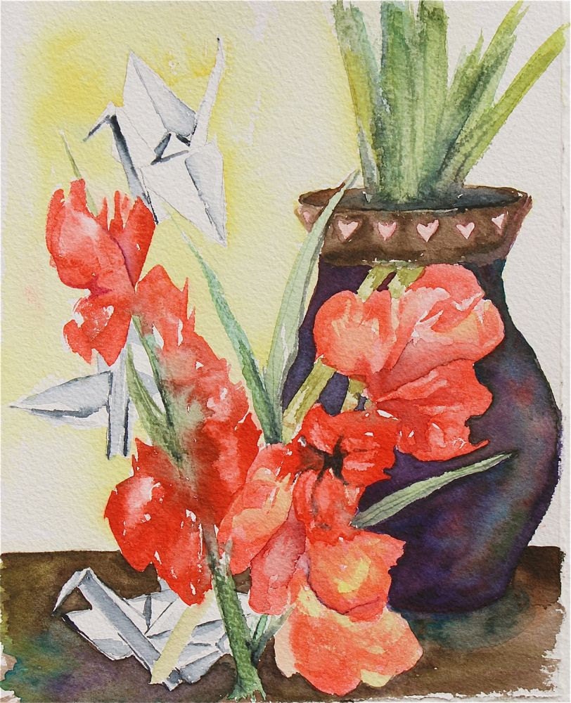 still life, flowers and paper cranes, original watercolor painting red floral, small, valentine painting