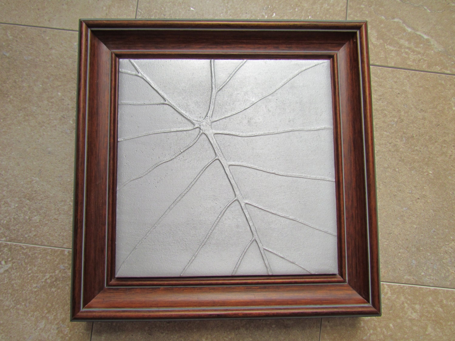 Recycled Cast Aluminum Botanical Framed Tile, Elephant Ear Leaf Wall Art, Cherry Frame with Lines