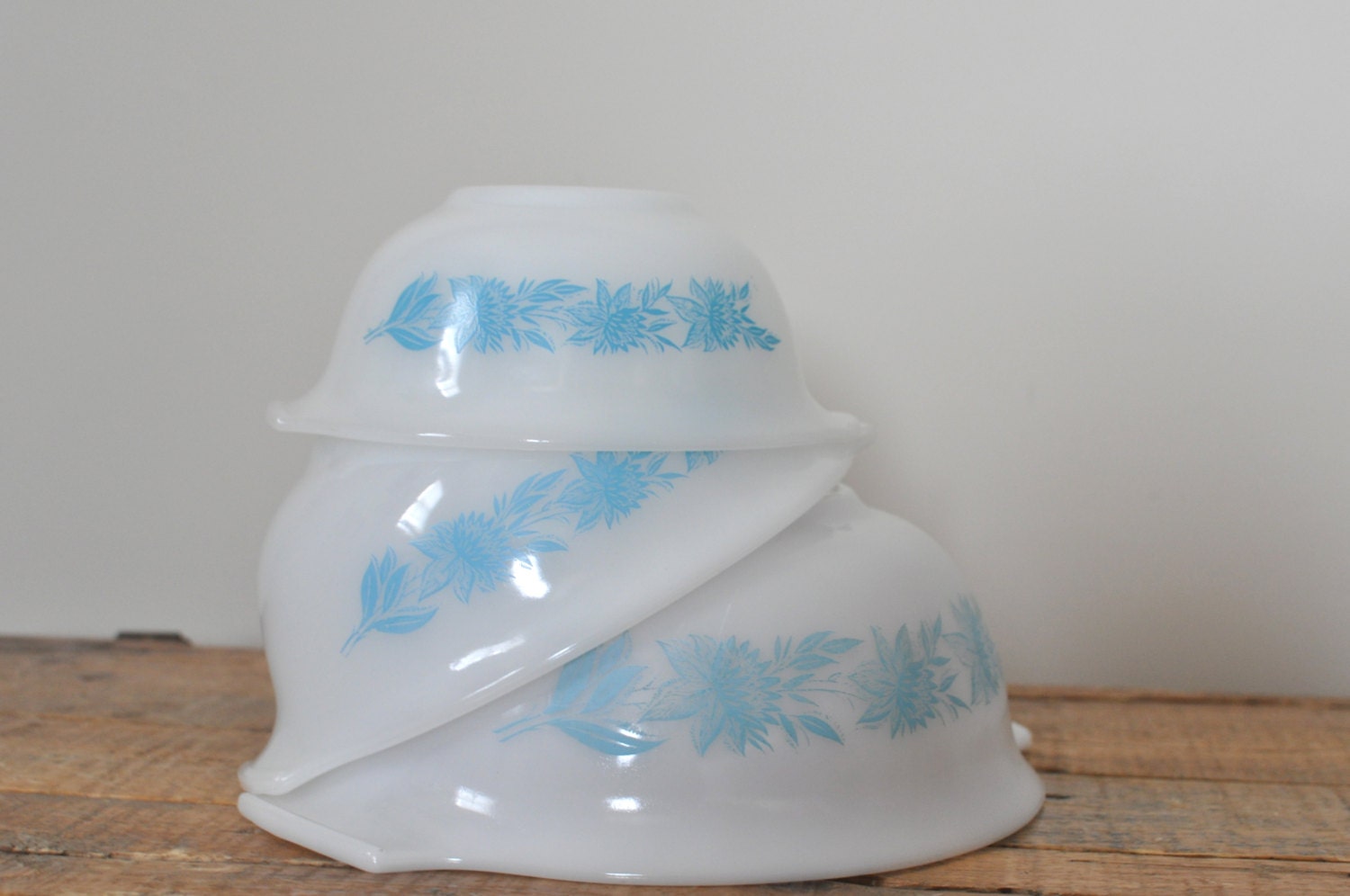 Vintage Glasbake White and Blue Flower Cinderella Mixing Bowl Set of 3