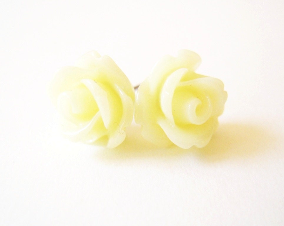 Pale Yellow Rose Stud Earrings- Surgical Steel Post Earrings- 10mm