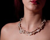 Ivory, Beige Necklace,Irregular Shape, Wrapped with Threads ,Lace, Ribbon,Shell and Mother of Pearl Beads
