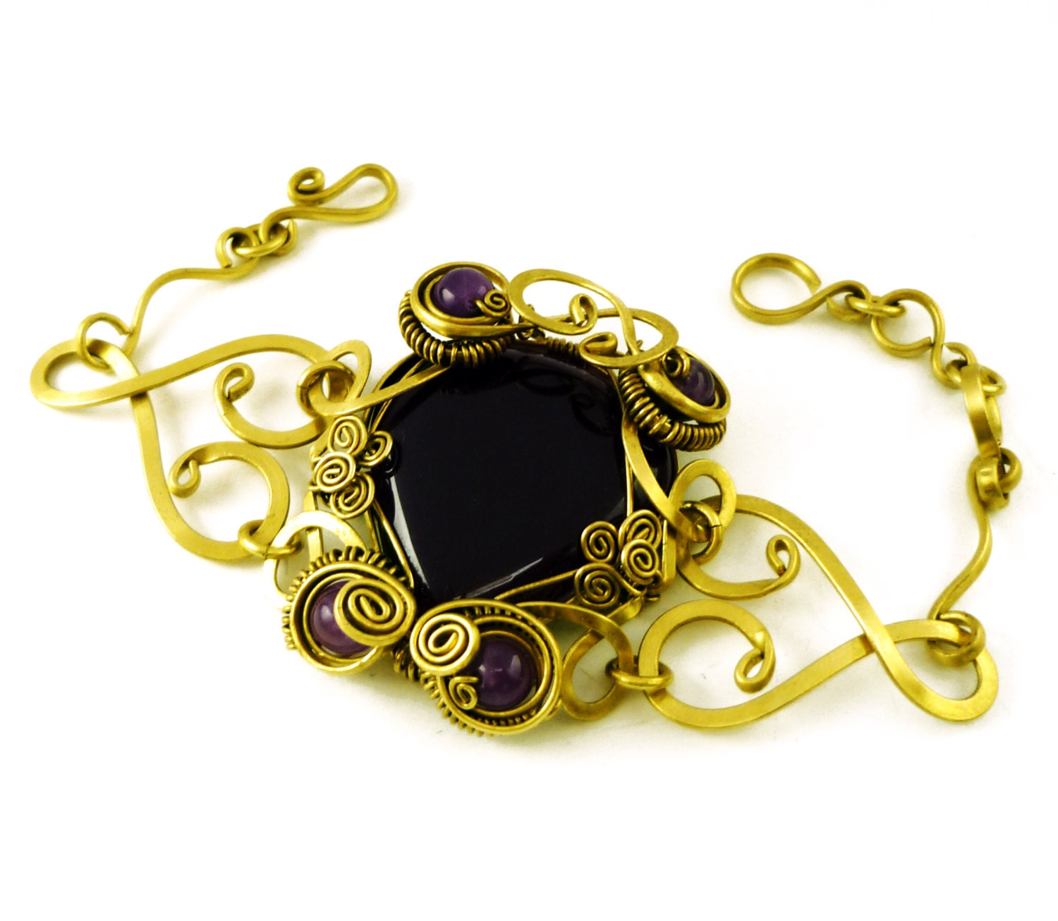 Wire Wrap Brass Bracelet with Black Onyx and Amehyst stones