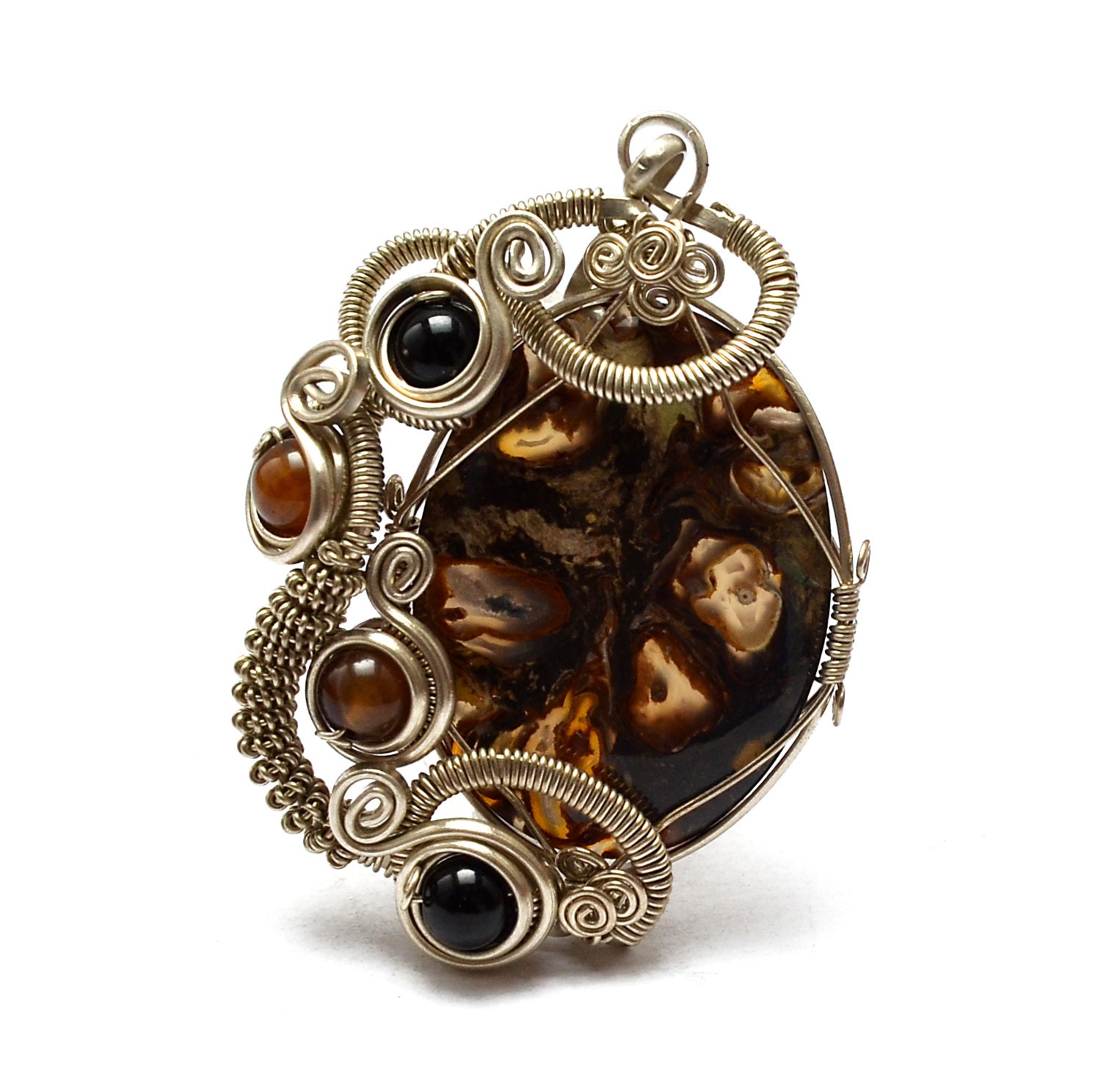 Wire Wrapped Pendant with Chalcedony, Agate and Black Onyx stones