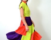 May Sale // 1940s Lime Purple Coral Color Block Dress // Small