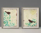 Love Bird Wall Decor Prints, Cottage Chic Shabby, Large Prints, Set of Two, 11 x 14 inches