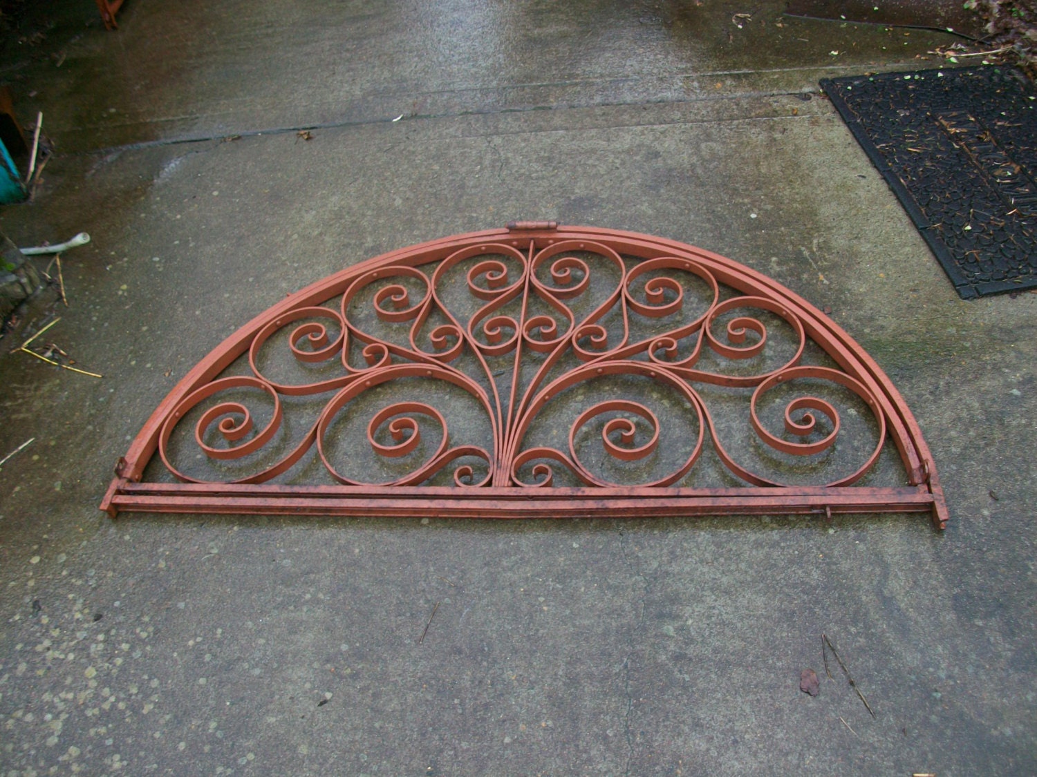 Antique Ornate hinged Hand Wrought Iron Opening Arched Window Grate, Grille - 1 of 2