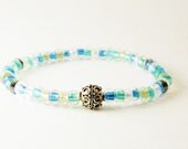 Stretch Stacking  Bracelet  /   Miyuki  Seed Bead  /  Aqua Blue   /   Bali Silver