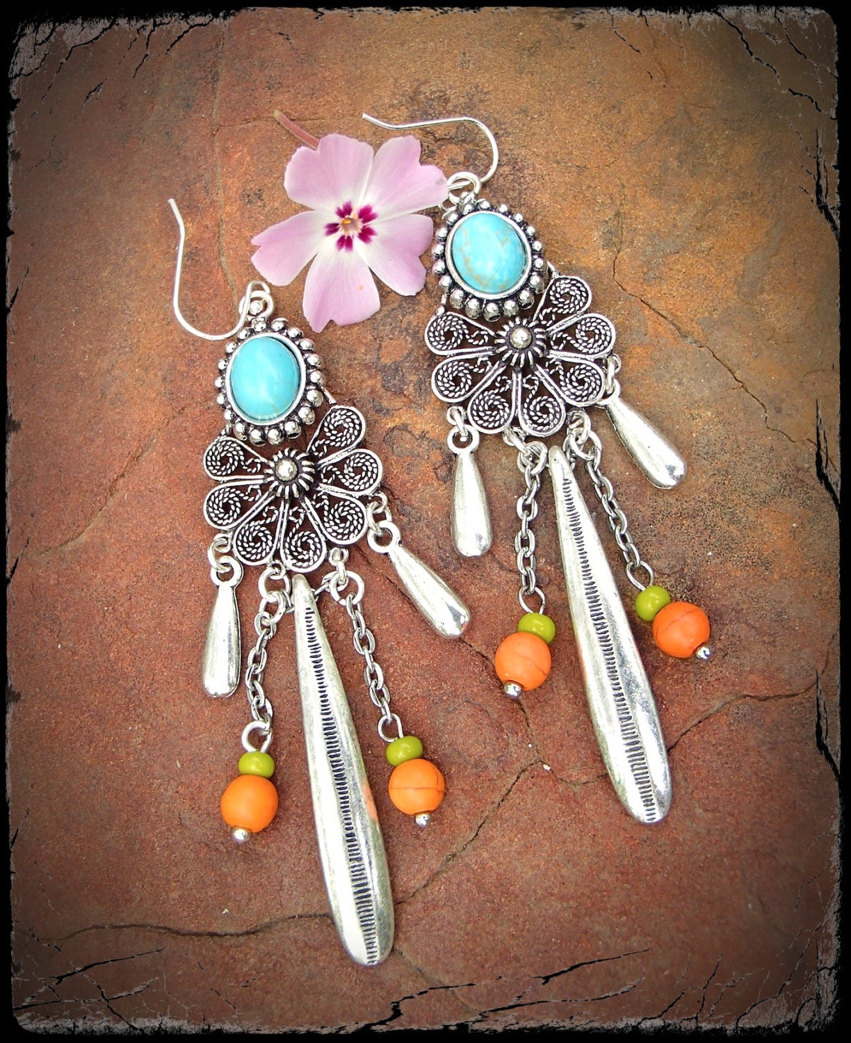 Native TURQUOISE Tribal Earrings Bali earrings Long sterling silver earrings GYPSY earrings Sanddollar Earrings Cowgirl western earrings