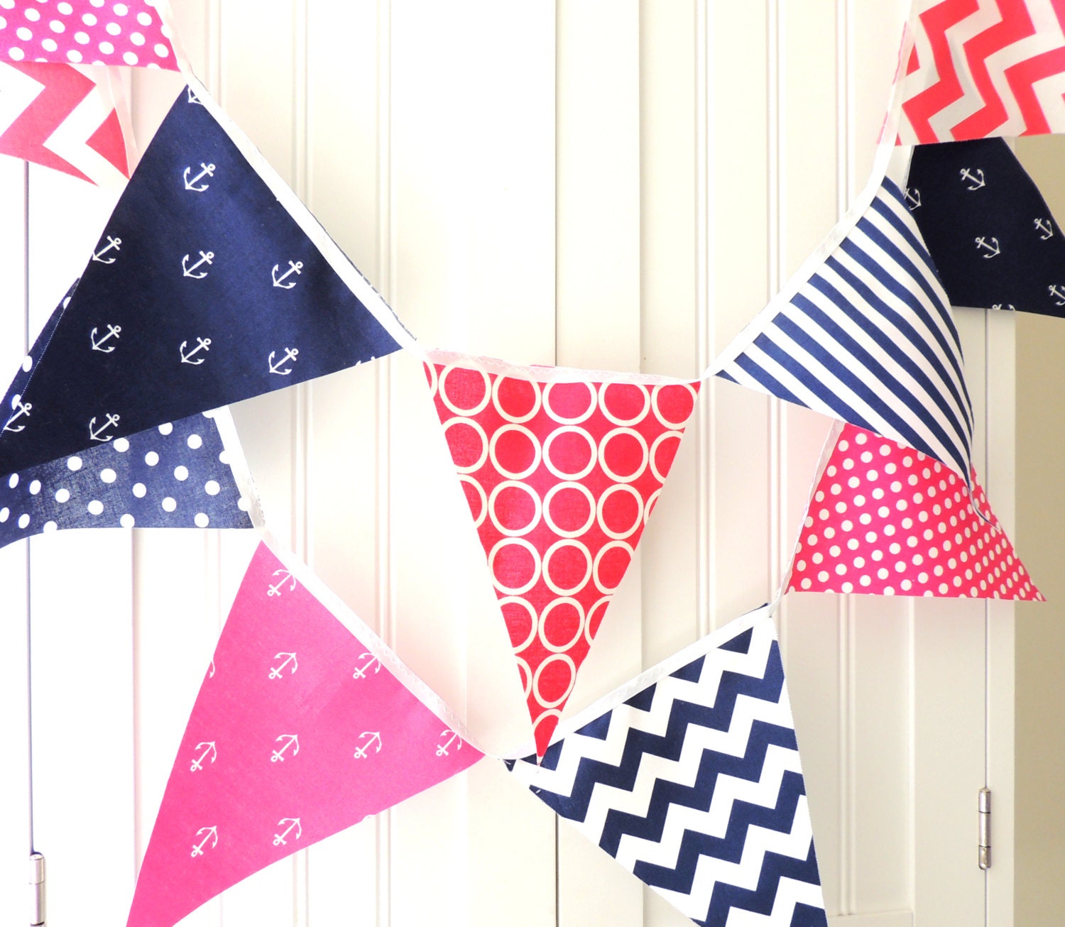 21 Fabric Flag Bunting, 9 Feet, Nautical Girl, Navy Blue, Pink, Anchors, Polka Dot, Chevron, Baby Nursery Decor, Wedding Garland, Birthday