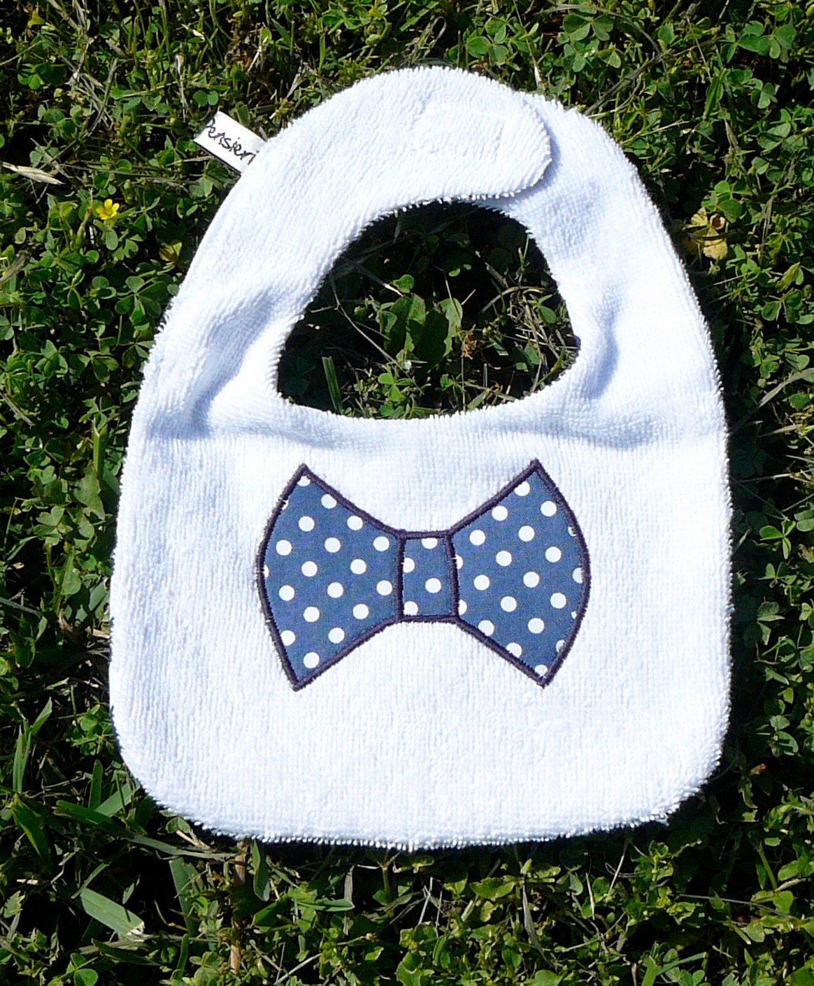 Little Man Bow Tie Bib in Navy and White Chevron and Polkadots