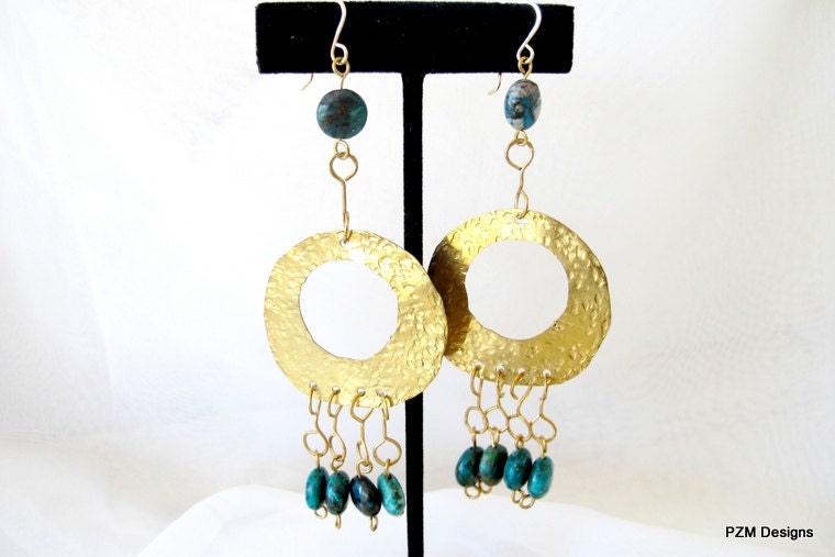 Long dangle earrings hammered brass chrysacolla beads, modern brass jewelry