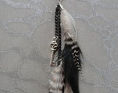 HALF OFF Sale Feather Hair Extension Clip - Feathers with Grizzly Stripes of Black & White on Chain w Steampunk Skull headed Pirate