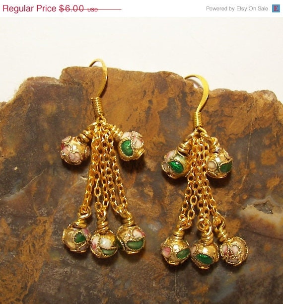 Sale 10% Off Cloisonné Beaded Gold Earrings Dangle Chain