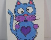 Sale 10% Off Eco Original Drawing Artist Trading Card Crazy Cat Blue and Purple