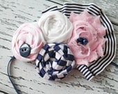 Pink Preppy and  Nautical- light pink and navy ruffle, rosette and chiffon flower headband or pin
