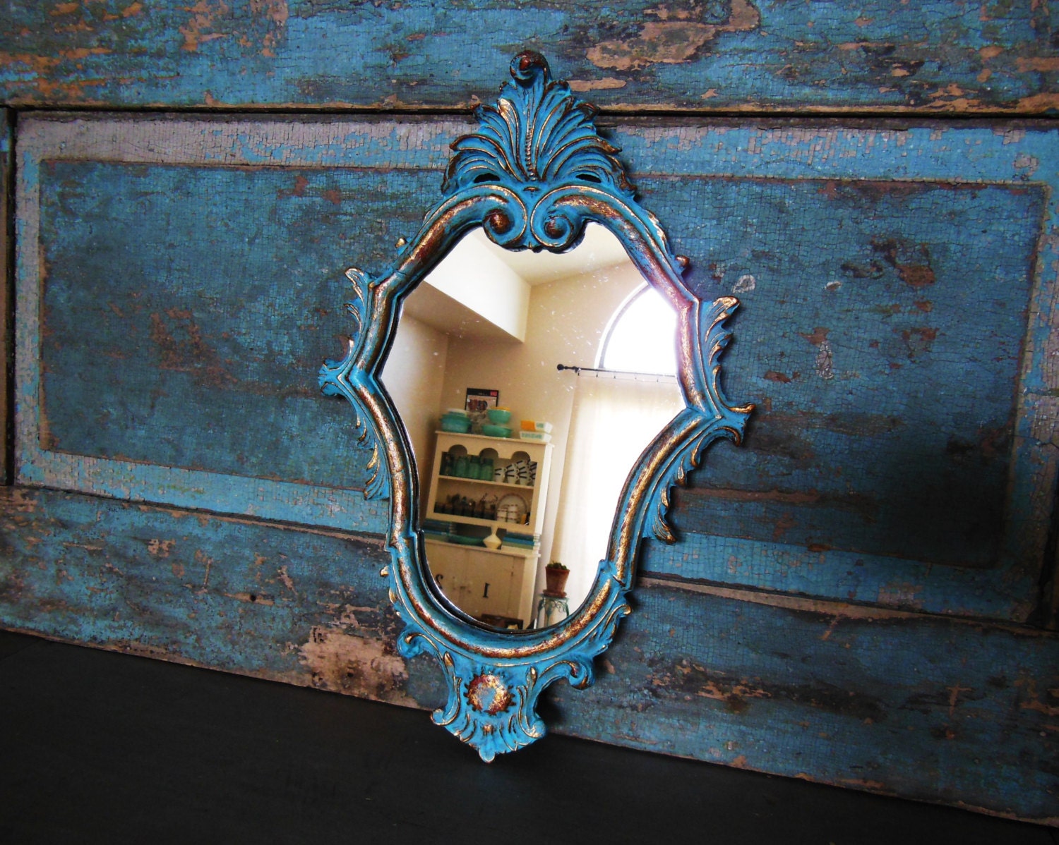 Turquoise Gold Ornate Mirror Upcycled Vintage