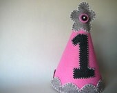 Girl's Birthday Party Hat--Pink with Grey Flower--Custom Made