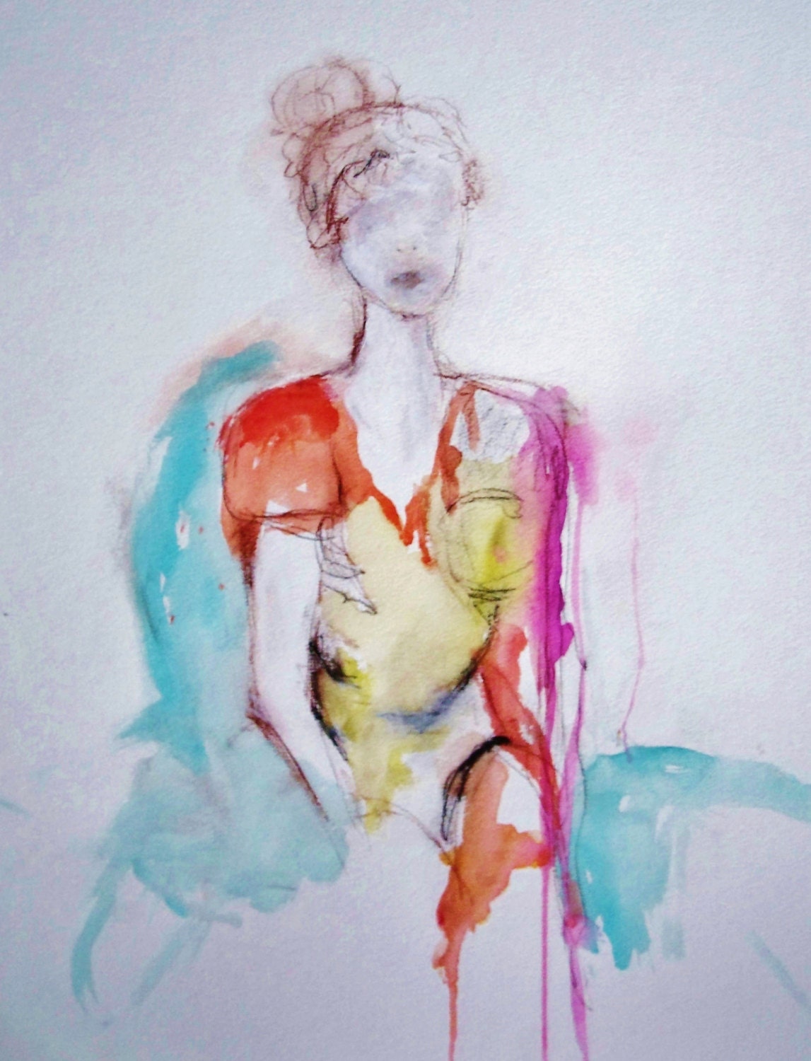 Mystery Girl- Original Conte and Watercolor Sketch-18x24- Fresh, Bright, Abstract