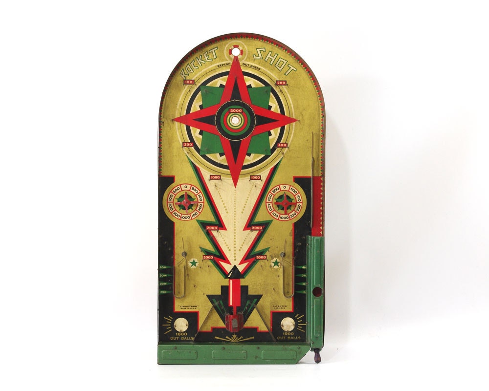 Antique Game Board, Bagatelle Tabletop Pinball, Rocket Shot, Art Deco