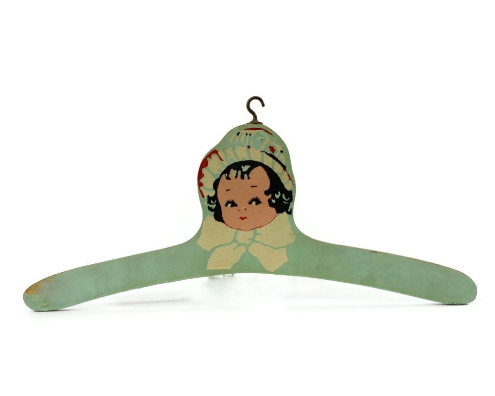 Vintage Wood Child's Hanger, Aqua Wooden Hanger, Child in Bonnet
